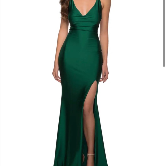 la femme emerald green dress La Femme Long Lace Prom Dress with Train main image 1